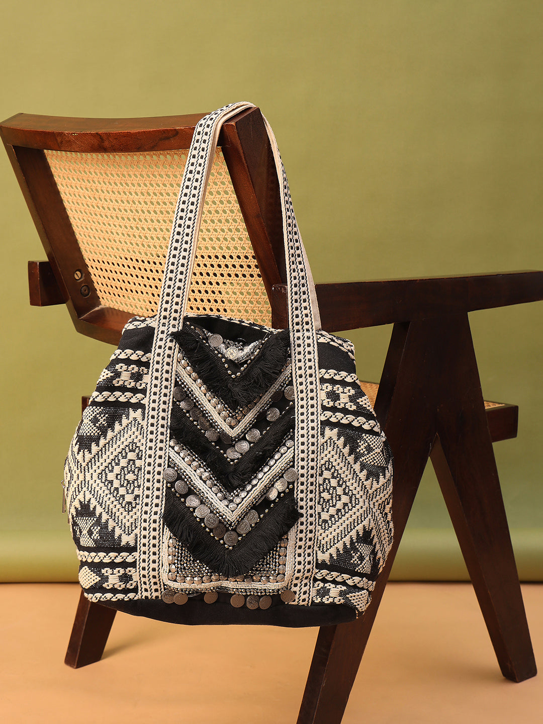 PRIMROSE Bohemian Tote Bag with Fringe Detail, Black and Beige Aztec Pattern, Coin Embellished