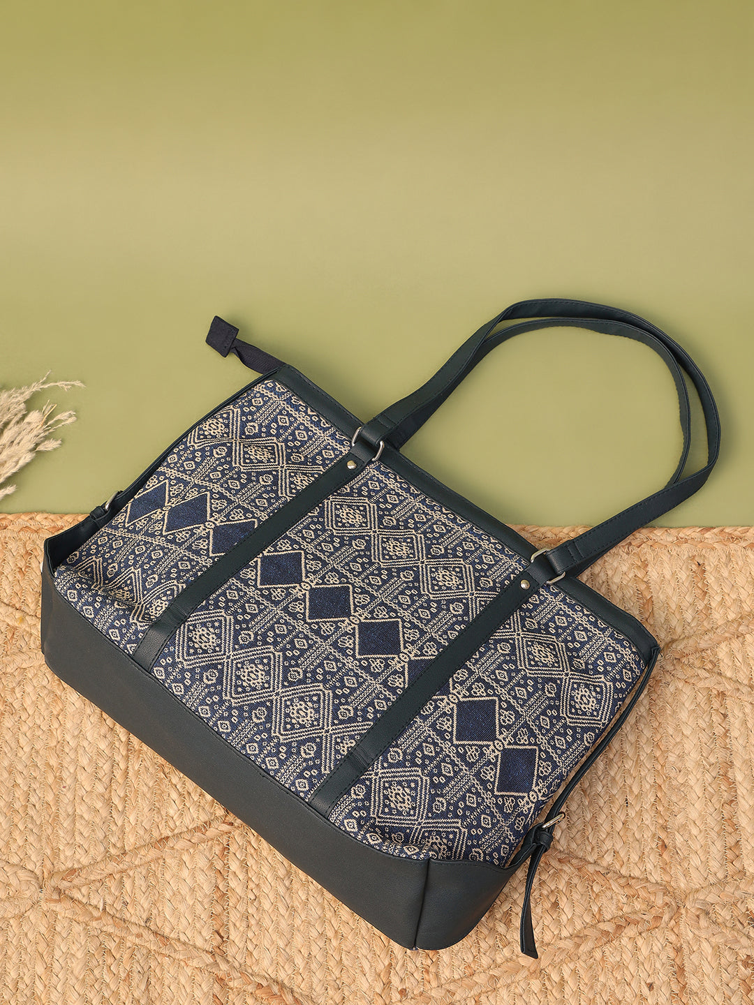 Women's Ethnic Print Tote Bag, Navy Blue and Beige Pattern