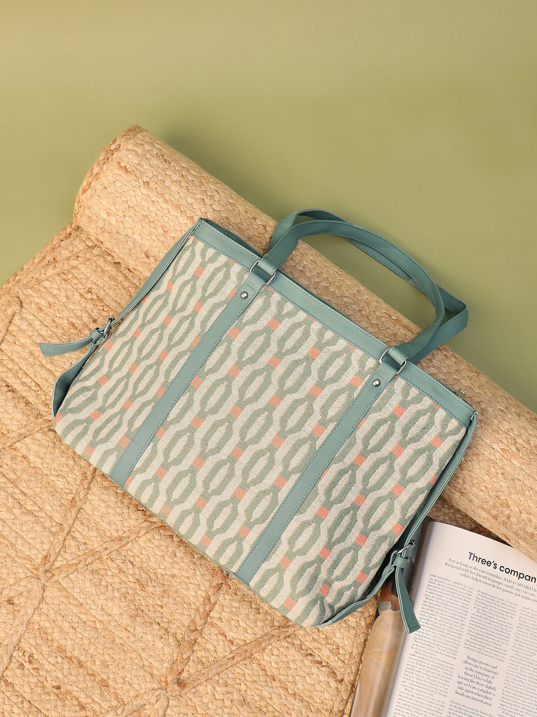 Ladies Geometric Print Tote Bag, Mint Green Trim, Canvas Shoulder Handbag