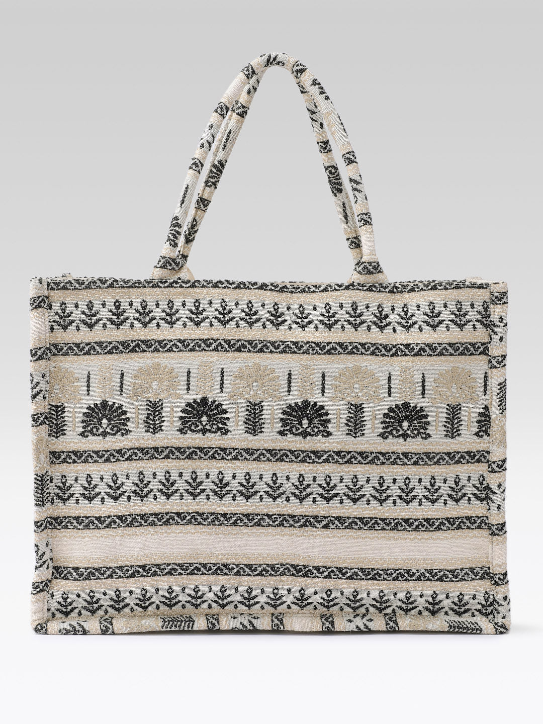 PRIMROSE Woven Tote Bag, Beige and Black, Ethnic Print, Cotton Fabric