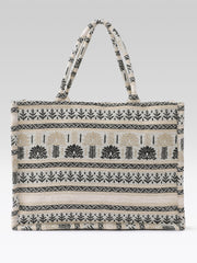 PRIMROSE Woven Tote Bag, Beige and Black, Ethnic Print, Cotton Fabric