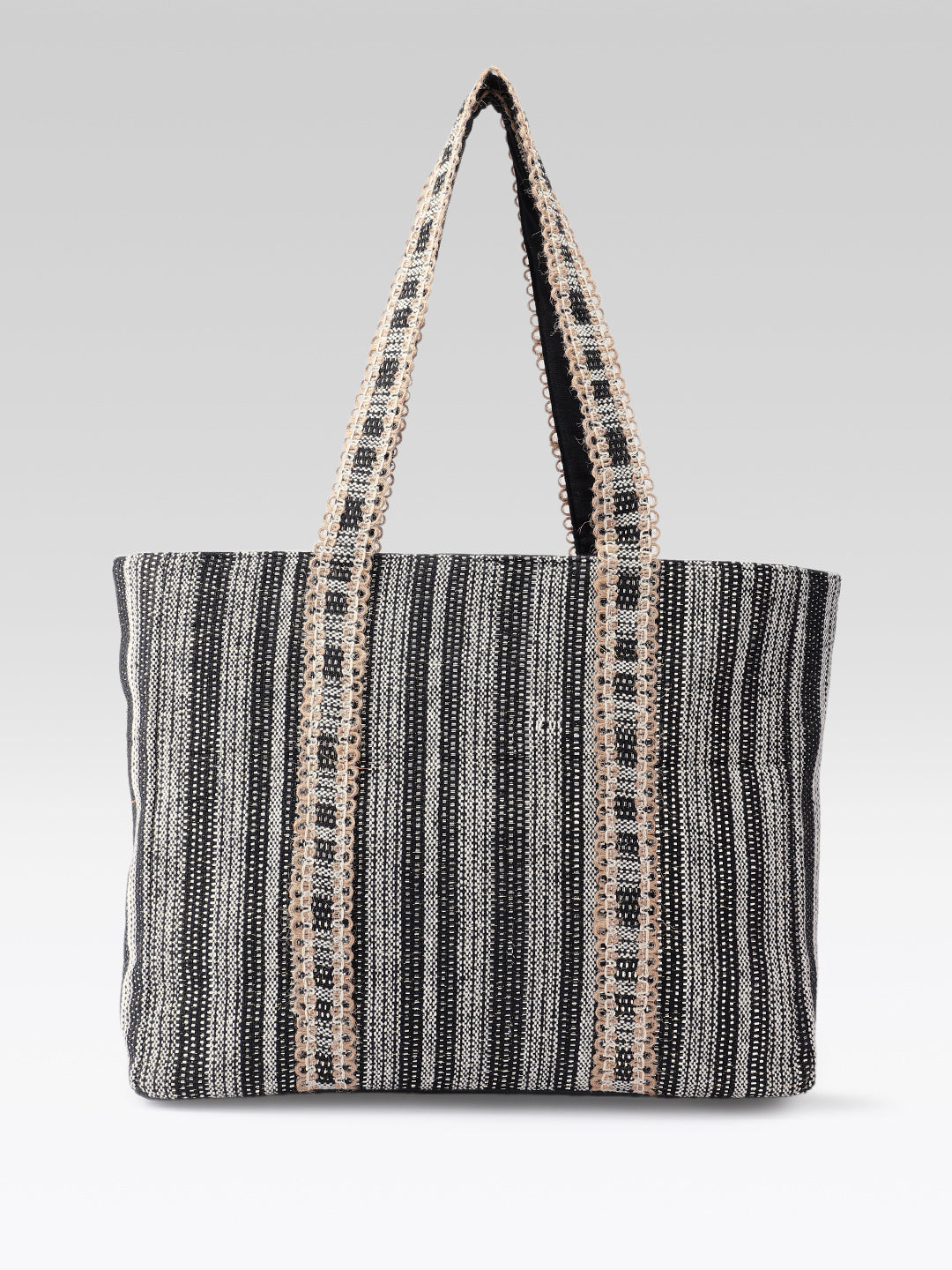 PRIMROSE Woven Striped Tote Bag, Black, Braided Handles