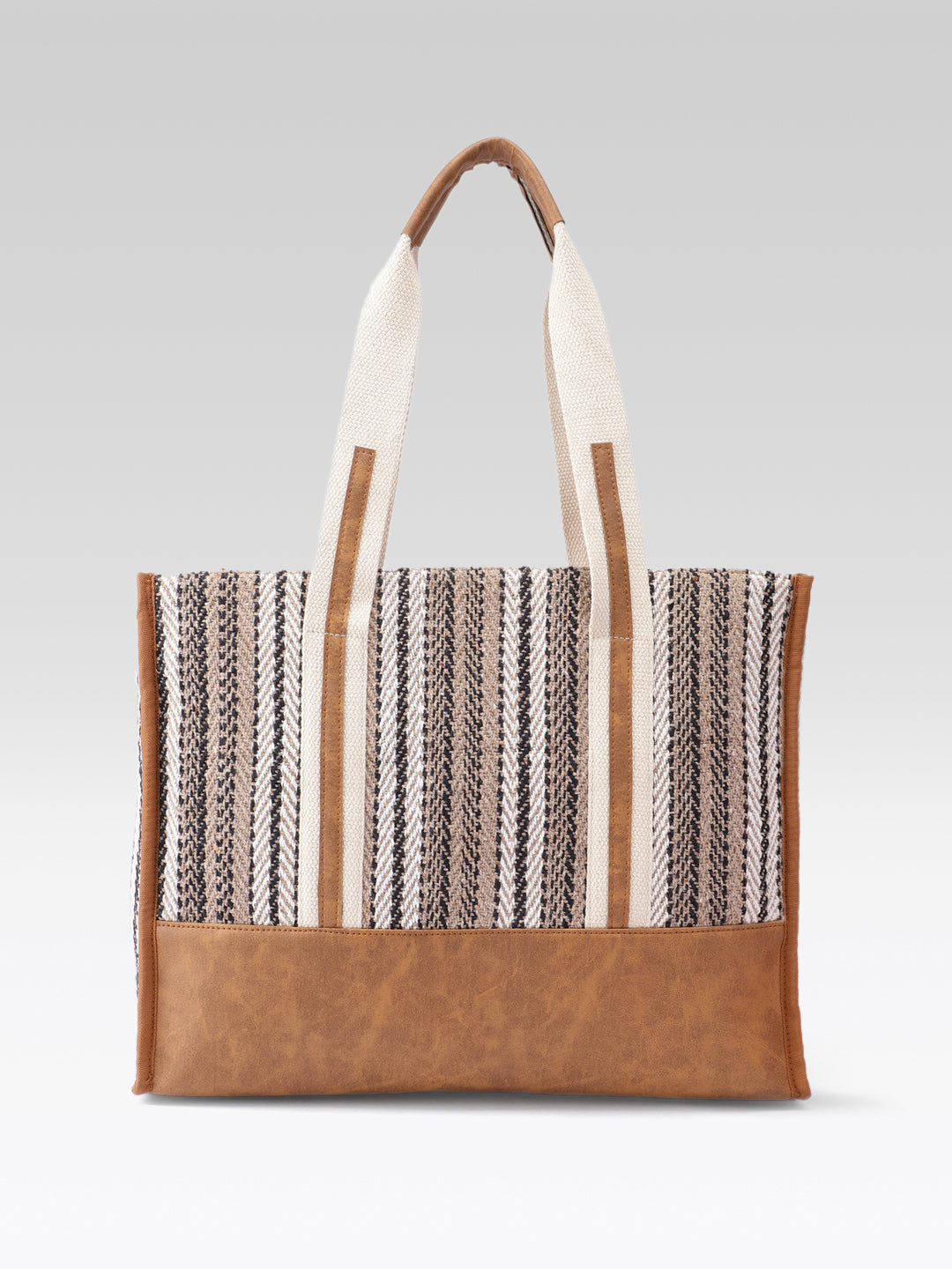 PRIMROSE Woven Tote Bag, Striped Pattern, Brown Leather Trim, Canvas Handles, Shoulder Bag