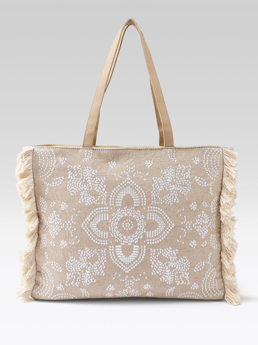 PRIMROSE Jute Tote Bag with Sequin Embellishment, Beige, Fringe Detail, Shoulder Handles