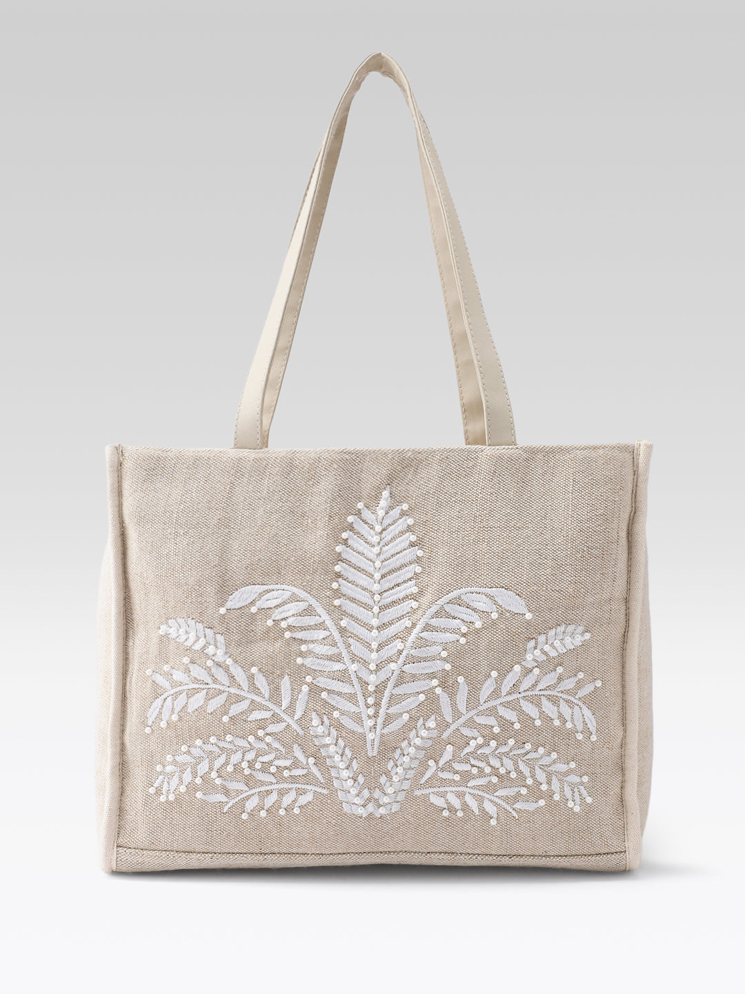 PRIMRSE Jute Tote Bag with Embroidered Fern Design
