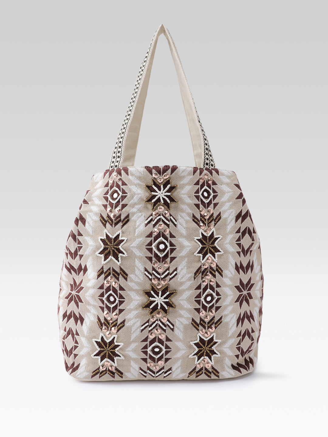 PRIMROSE Embroidered Tote Bag, Beige Brown White, Shoulder Bag with Decorative Straps
