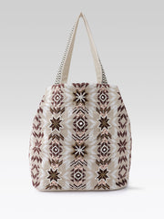PRIMROSE Embroidered Tote Bag, Beige Brown White, Shoulder Bag with Decorative Straps