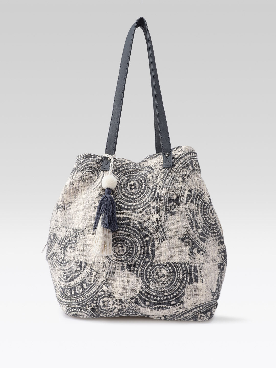 PRIMROSE Woven Tote Bag with Colorful Geometric Pattern, Tassel Detail (Blue and Beige)