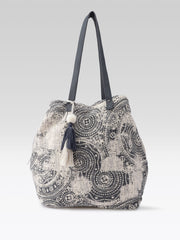 PRIMROSE Woven Tote Bag with Colorful Geometric Pattern, Tassel Detail (Blue and Beige)