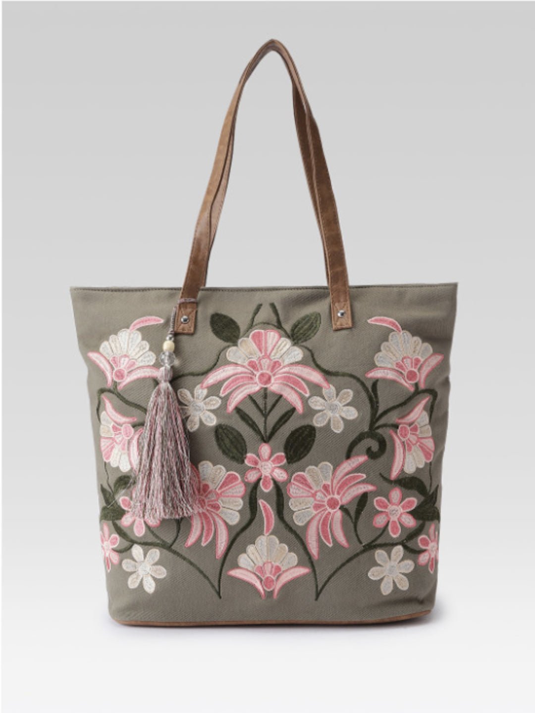 PRIMROSE Floral Embroidered Tote Bag, Olive Green, With Tassel Charm, Boho Style