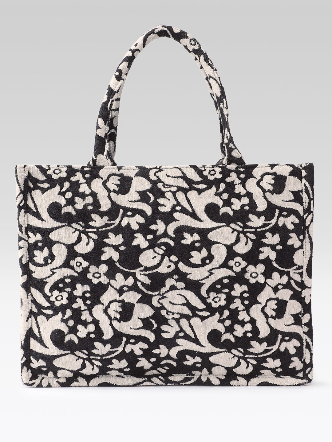 PRIMROSE Woven Tote Bag, Ethnic Print, Cotton Fabric (Black and Cream)
