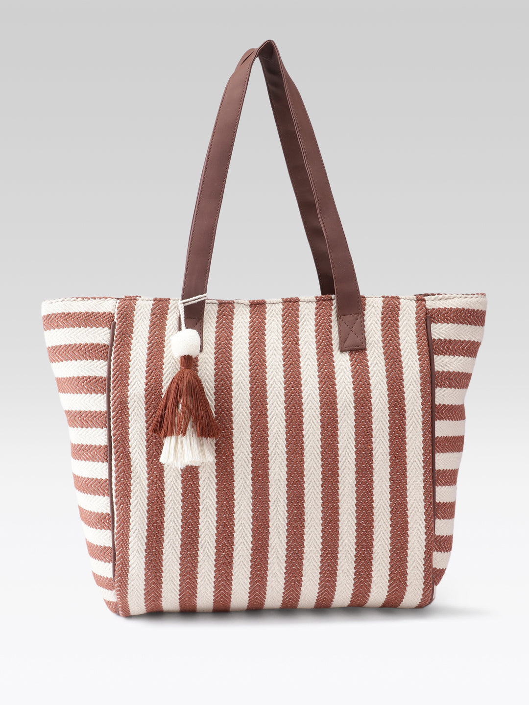 PRIMROSE Striped Tote Bag, Brown and Cream Vertical Stripes, Tassel Charm Detail