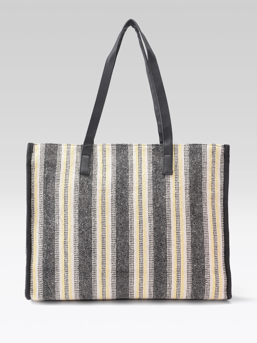 PRIMROSE Striped Tote Bag, Black White Yellow, Woven Pattern