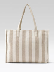 PRIMROSE Striped Tote Bag, Beige and White Vertical Stripes, Canvas Material, Shoulder Handbag with Handles