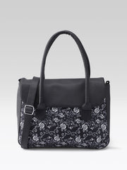 PRIMROSE Floral Pattern Laptop Messenger Bag, Black and White Design, Adjustable Shoulder Strap