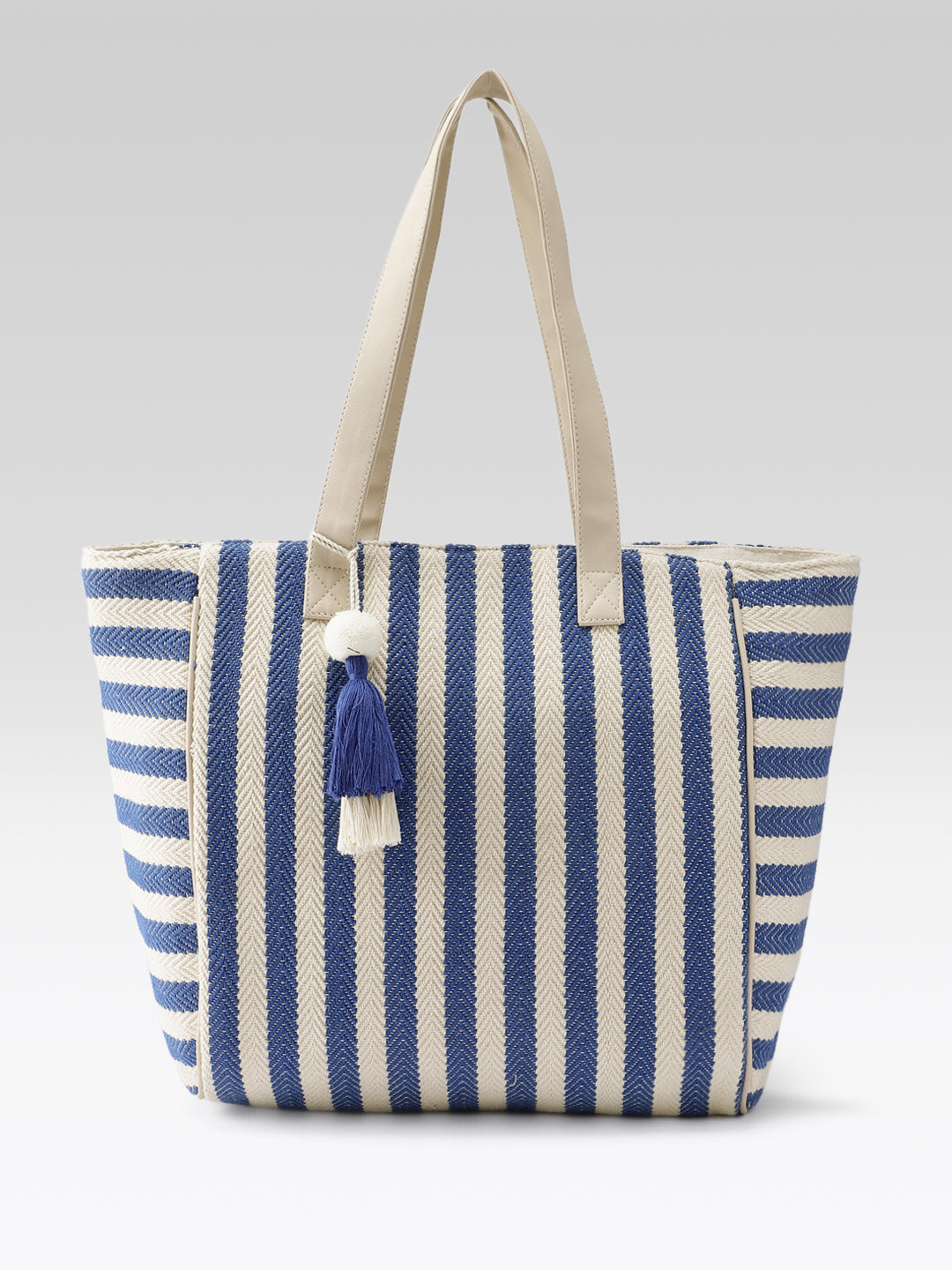 PRIMROSE Striped Tote Bag, Blue and Cream, Canvas Material, Patchwork Design, Shoulder Bag (Blue & Cream)