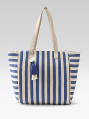 PRIMROSE Striped Tote Bag, Blue and Cream, Canvas Material, Patchwork Design, Shoulder Bag (Blue & Cream)