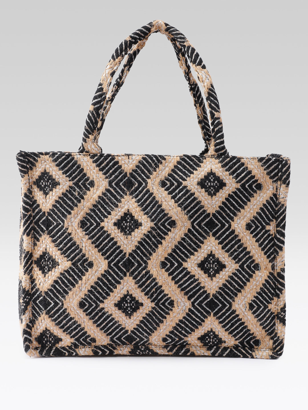 PRIMROSE Jute Tote Bag, Black and Natural Diamond Pattern, Handwoven