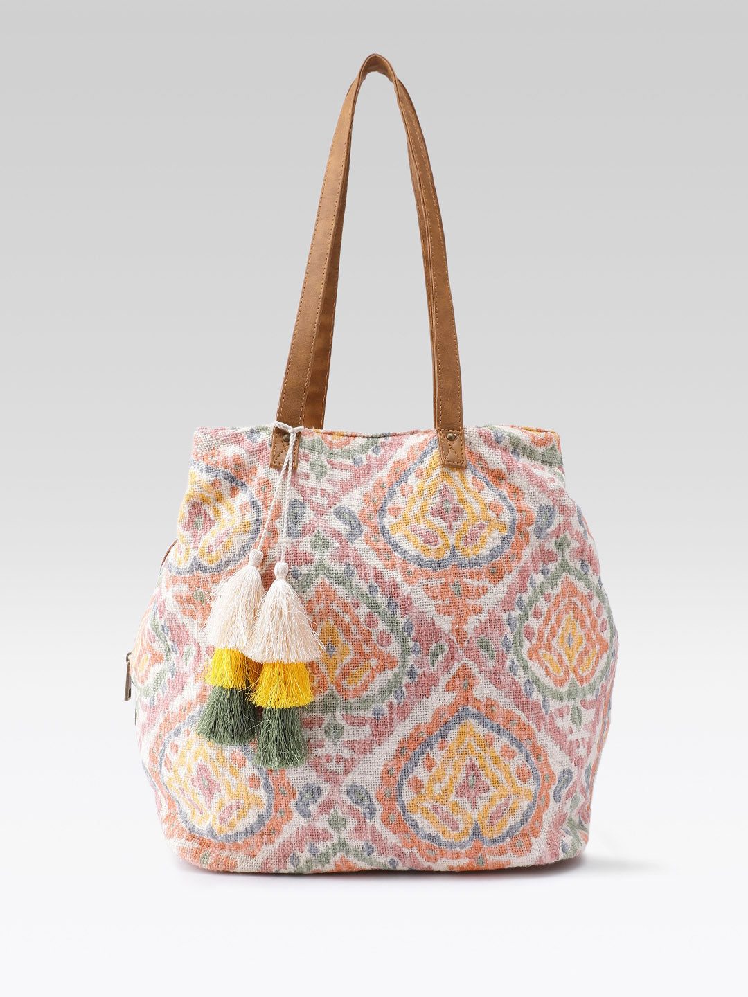 PRIMROSE Woven Tote Bag with Colorful Geometric Pattern, Tassel Detail (Multi)