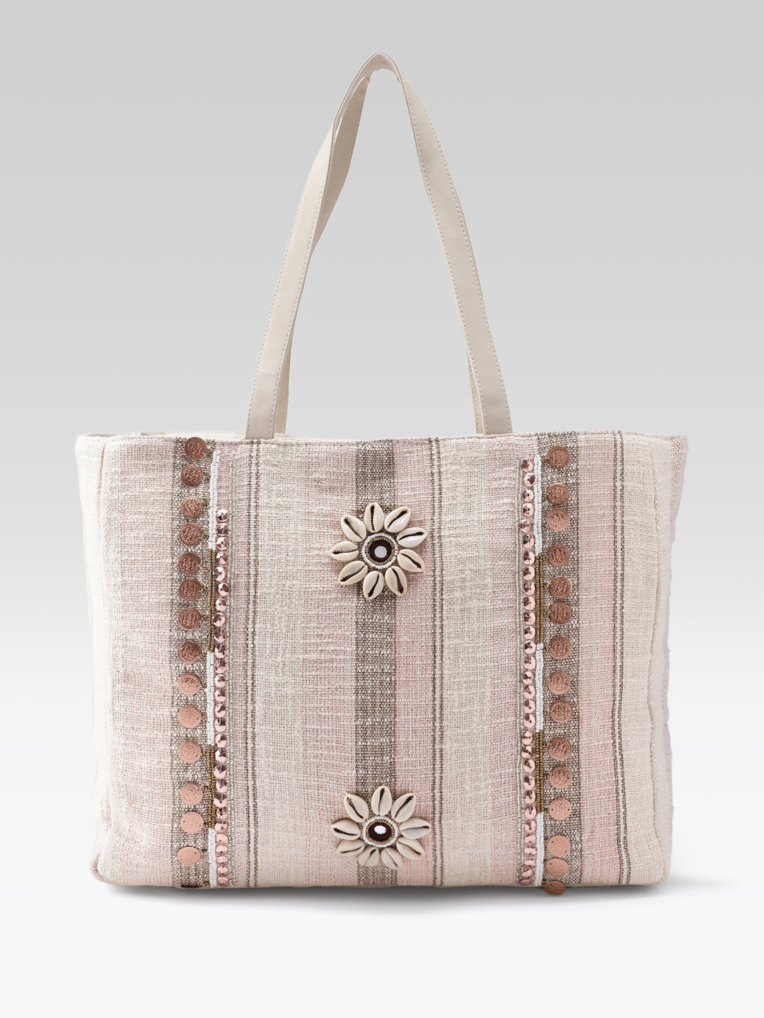 PRIMROSE Striped Tote Bag with Floral Embellishment, Beige, Jacquard, Shoulder Bag, Embroidered Design