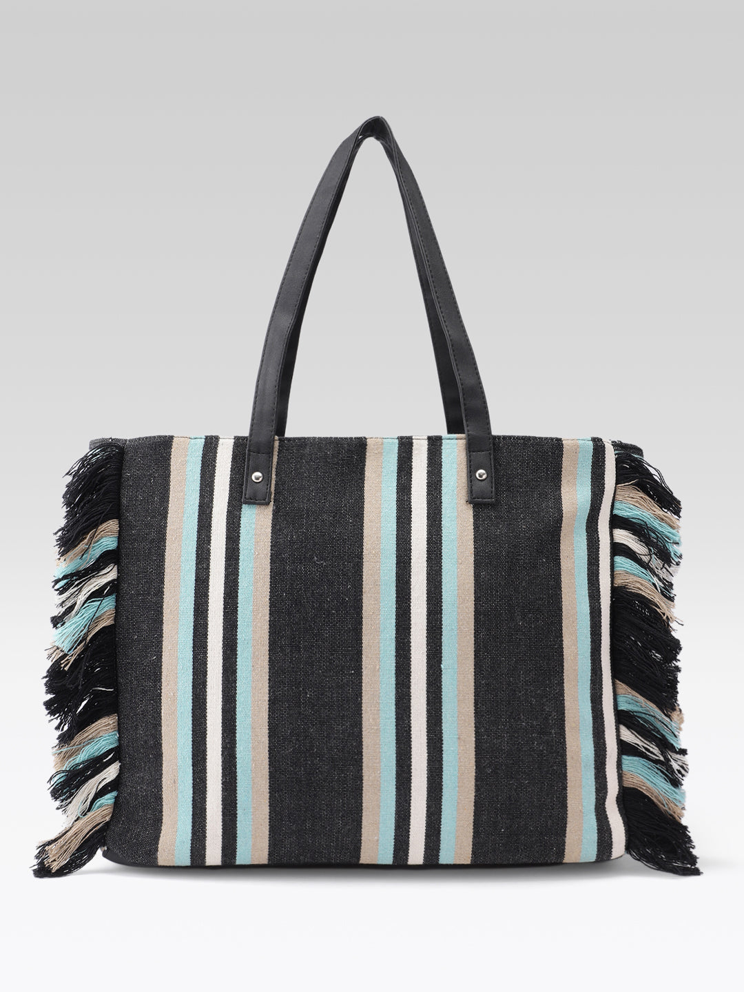 PRIMROSE Striped Beach Tote Bag, Jacquard Material, Black with Turquoise and Beige Stripes, Fringe Detail, Shoulder Straps