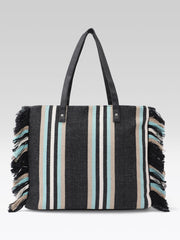 PRIMROSE Striped Beach Tote Bag, Jacquard Material, Black with Turquoise and Beige Stripes, Fringe Detail, Shoulder Straps