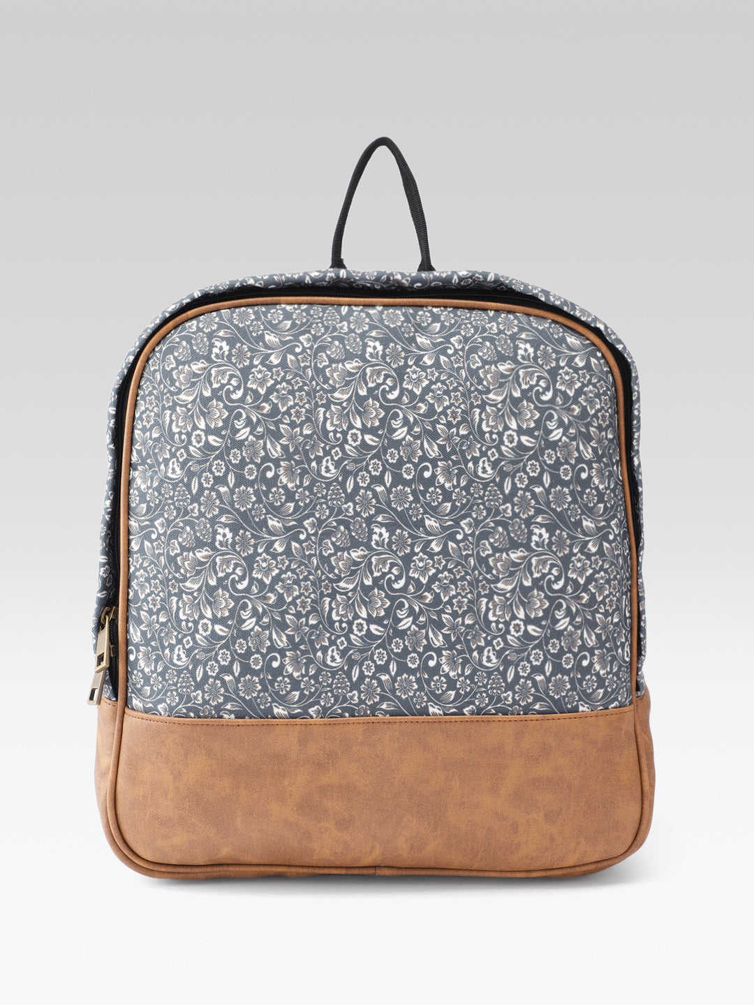 PRIMROSE Floral Print Backpack with Brown Polyvinyl Chloride Base, Grey and Beige Pattern, Casual Travel Bag