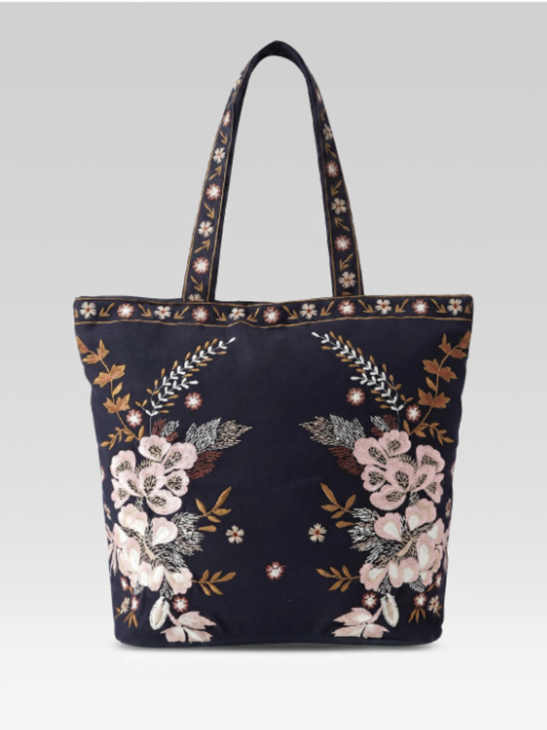 PRIMROSE Floral Embroidered Tote Bag, Navy Blue, Zipper Closure, Boho Style