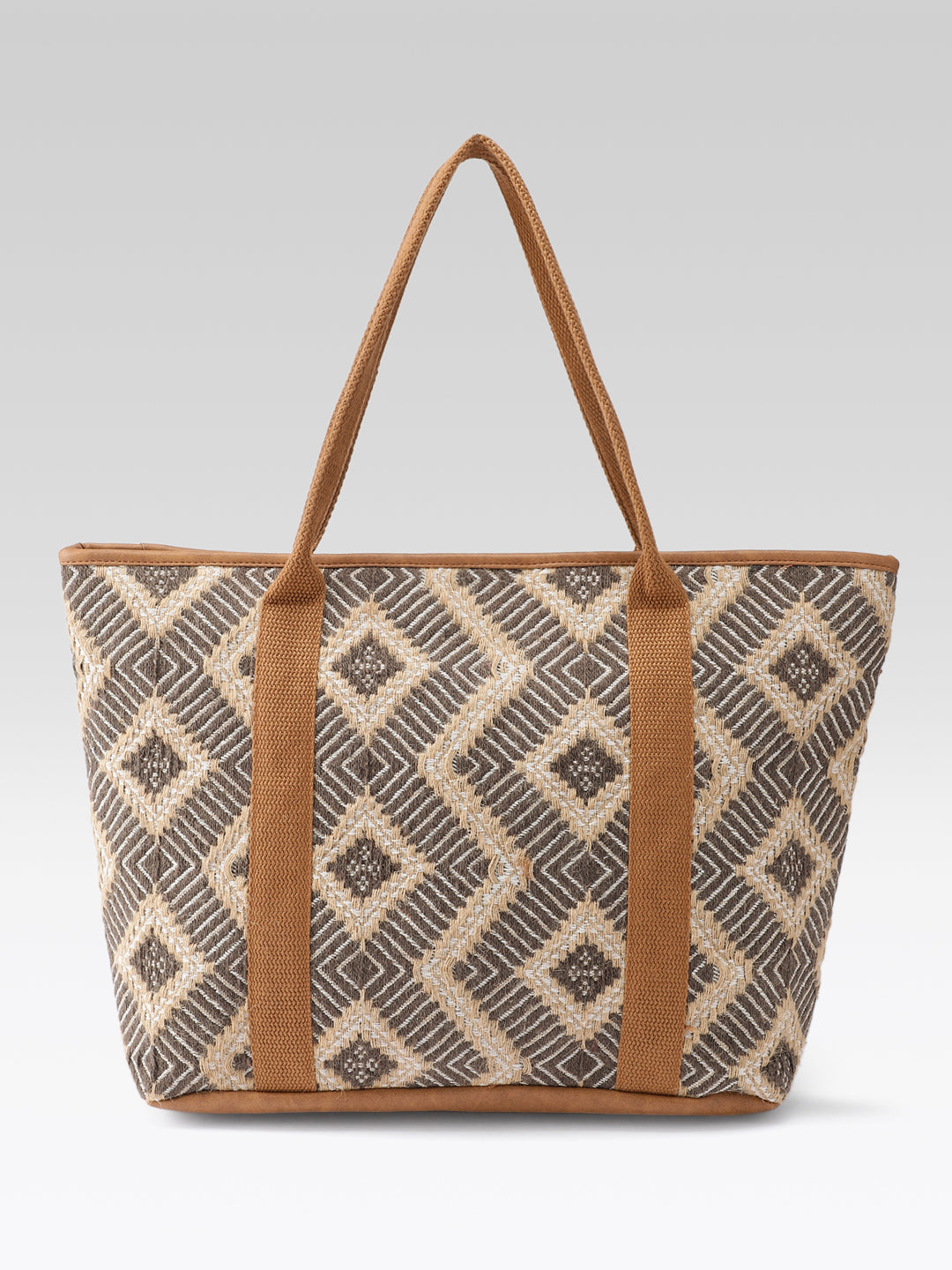 PRIMROSE Woven Tote Bag, Geometric Pattern, Brown and Beige