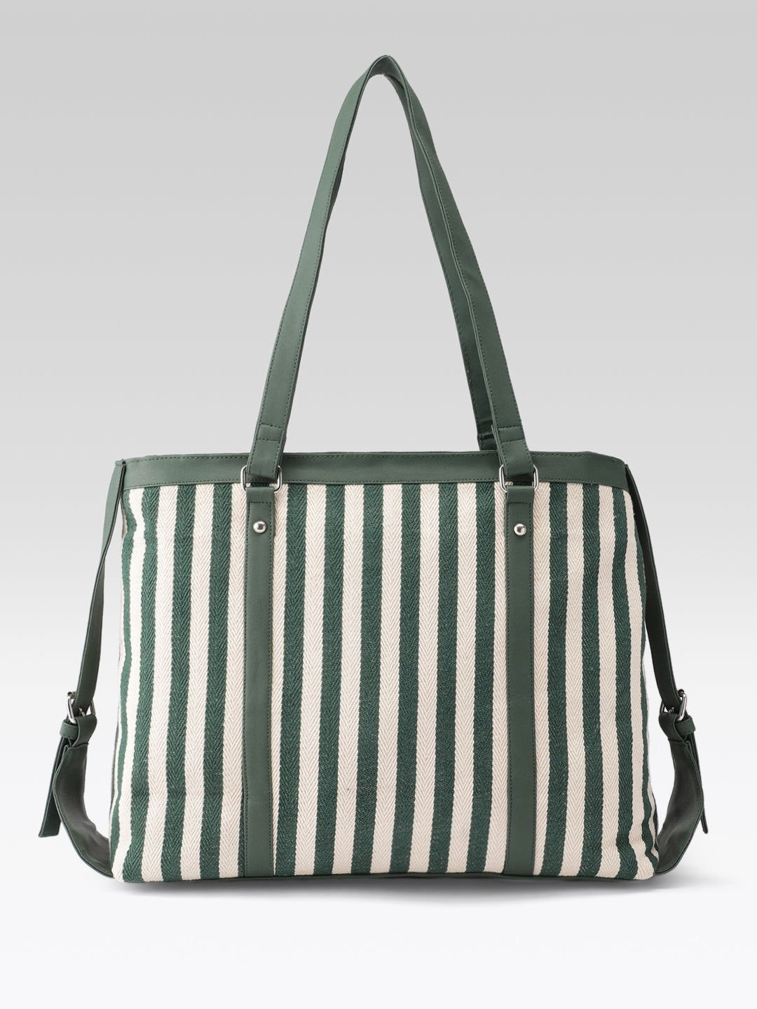 PRIMROSE Striped Canvas Tote Bag, Green and Beige, Shoulder Bag with Dual Handles