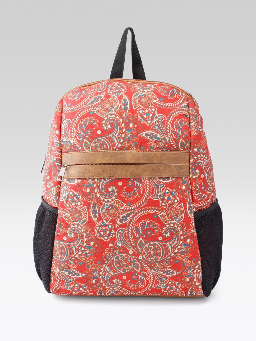 PRIMROSE Paisley Print Backpack, Red, Canvas with Suede Accent, Black Straps, Side Pockets