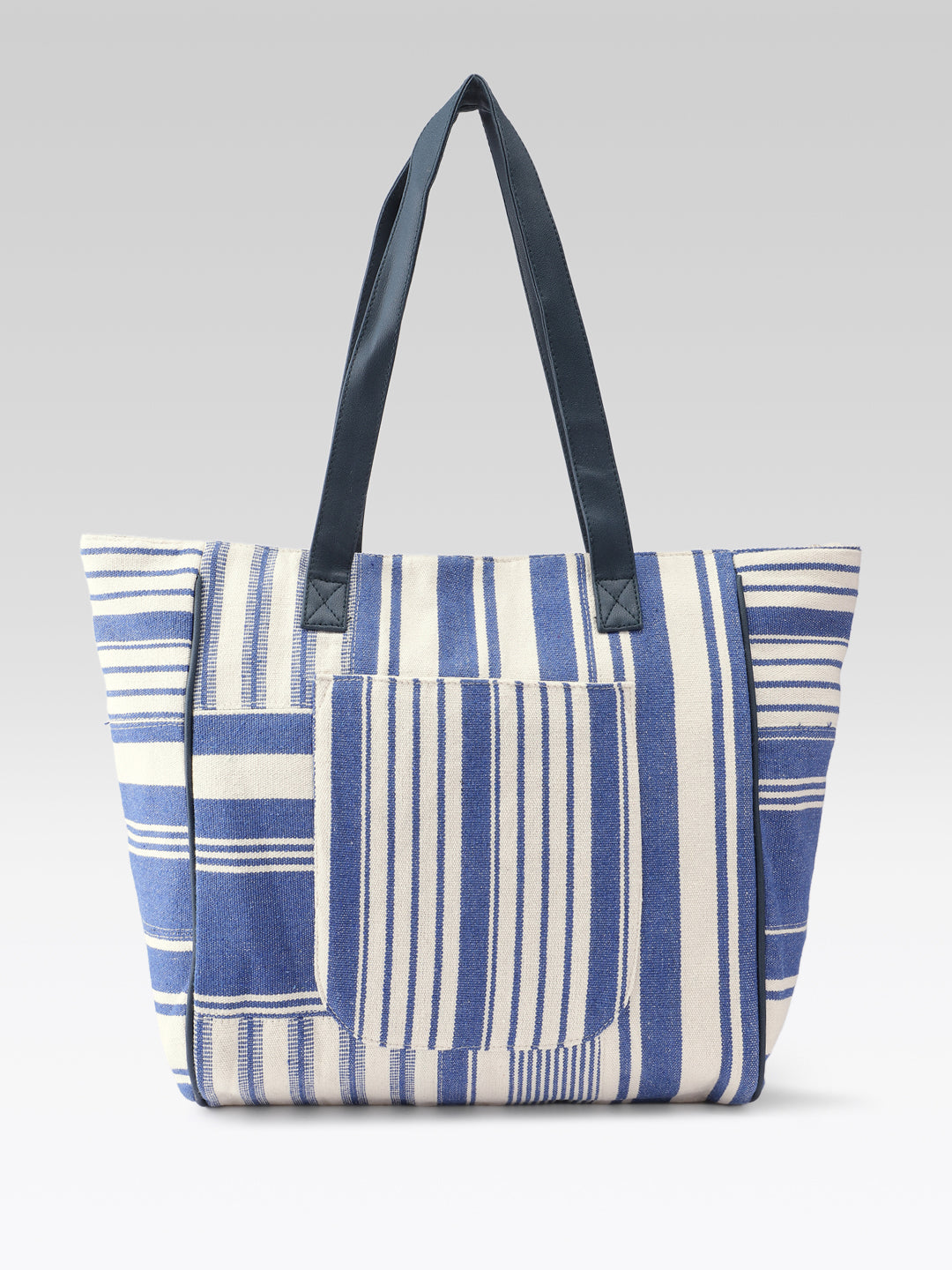 PRIMROSE Striped Tote Bag, Blue and Cream, Canvas Material, Patchwork Design, Shoulder Bag