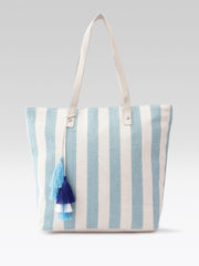 PRIMROSE Striped Tote Bag with Tassel, Blue and Cream, Cotton Material, Shoulder Bag with Beige Handles
