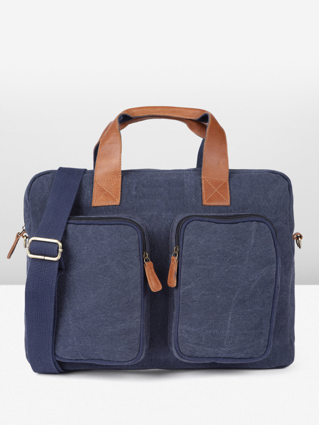 RIMROCK Canvas Laptop Bag, Navy Blue Leather Handles, Dual Front Pockets, Shoulder Strap