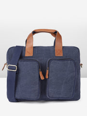 RIMROCK Canvas Laptop Bag, Navy Blue Leather Handles, Dual Front Pockets, Shoulder Strap