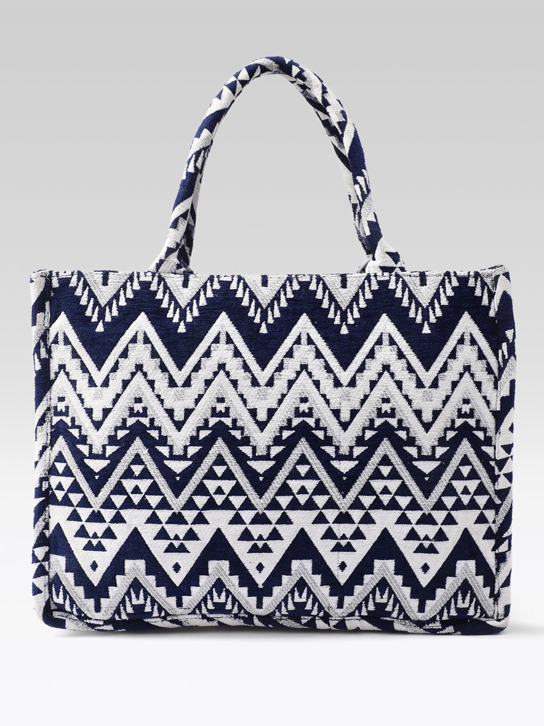 PRIMROSE Woven Tote Bag for Women, Navy Blue and Beige, Handbag