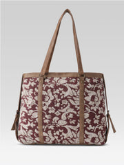 PRIMROSE Floral Tote Bag, Burgundy and Cream, Zip Closure, Spacious Shoulder Bag