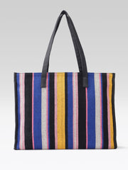 PRIMROSE Striped Tote Bag, Multicolor Canvas, Black Leather Handles, Yellow Blue Pink Stripes