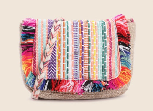 PRIMROSE Bohemian Crossbody Bag, Multicolour Fringe Trim, Braided Strap, Woven Pattern