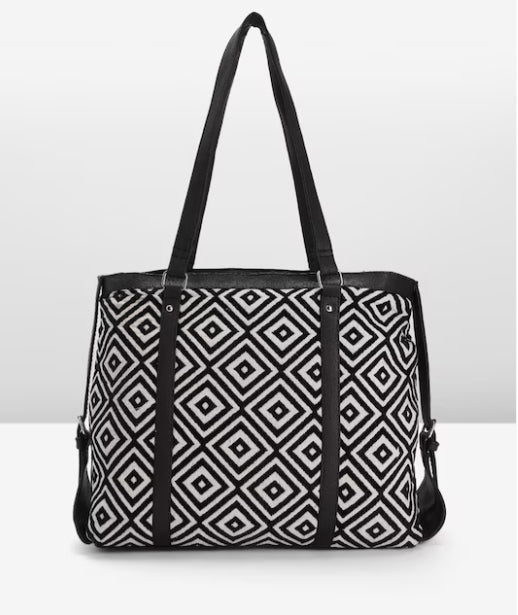 PRIMROSE Geometric Patterned Tote Bag with Dual Handles, Black and White