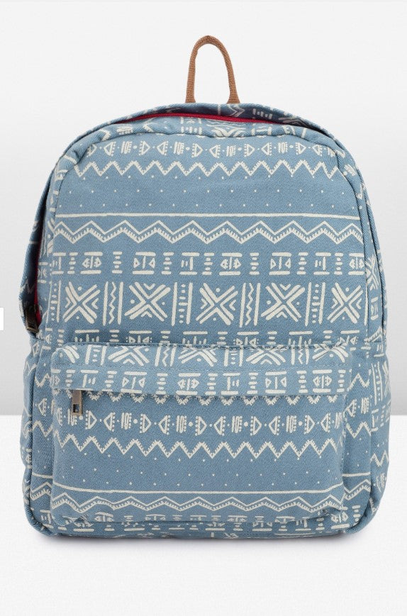 PRIMROSE Casual Canvas Backpack with Aztec Print Pattern, Light Blue and White, Brown Straps