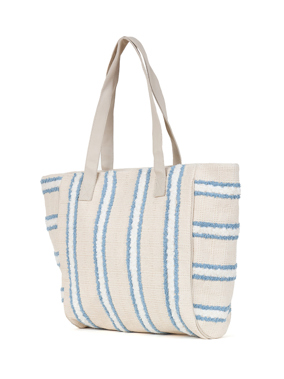 PRIMROSE Canvas Beach Tote Bag, White with Blue Stripes, Large Casual Shoulder Bag