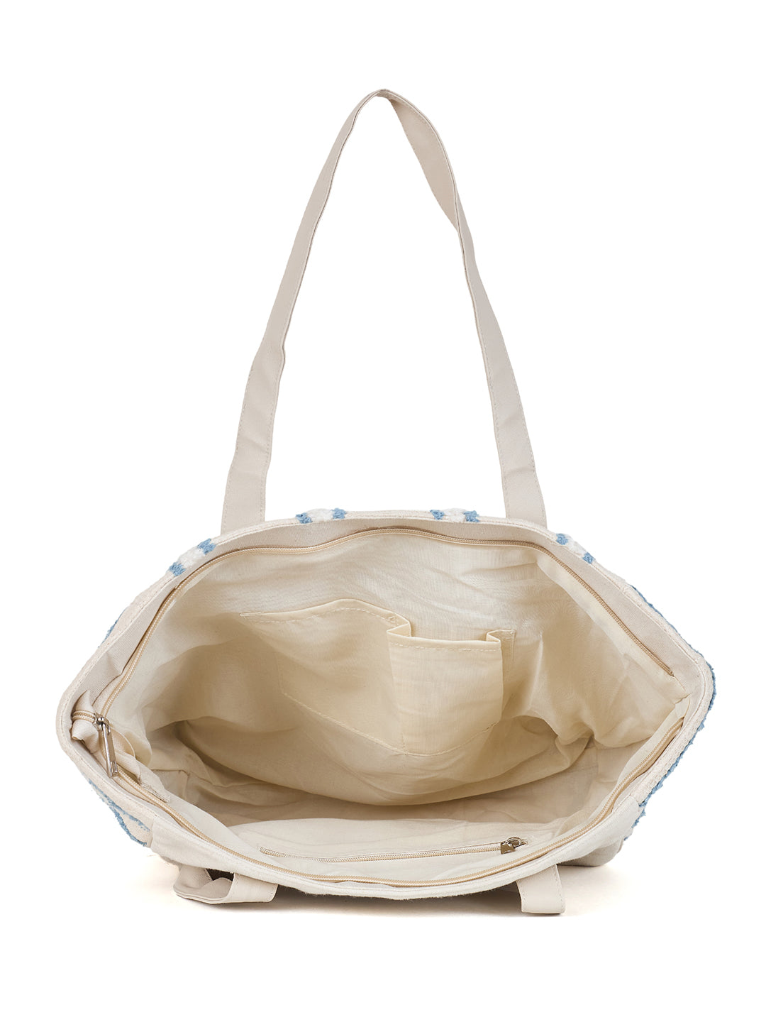 PRIMROSE Canvas Beach Tote Bag, White with Blue Stripes, Large Casual Shoulder Bag