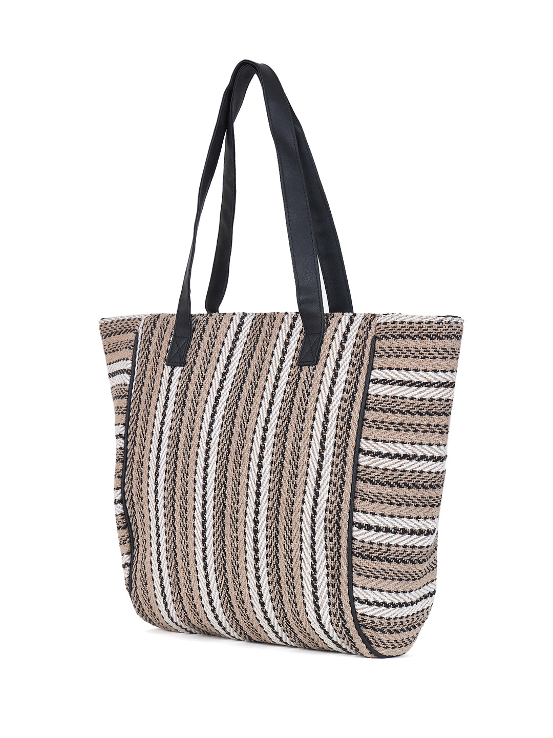 PRIMROSE Striped Canvas Tote Bag, Large Beach Shopper with Black Handles, Beige and White
