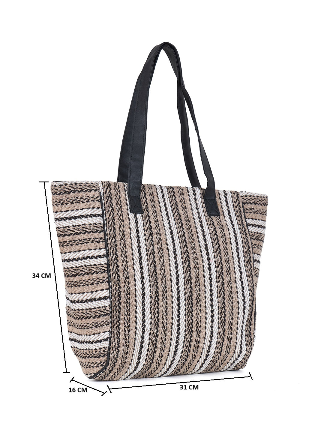 PRIMROSE Striped Canvas Tote Bag, Large Beach Shopper with Black Handles, Beige and White