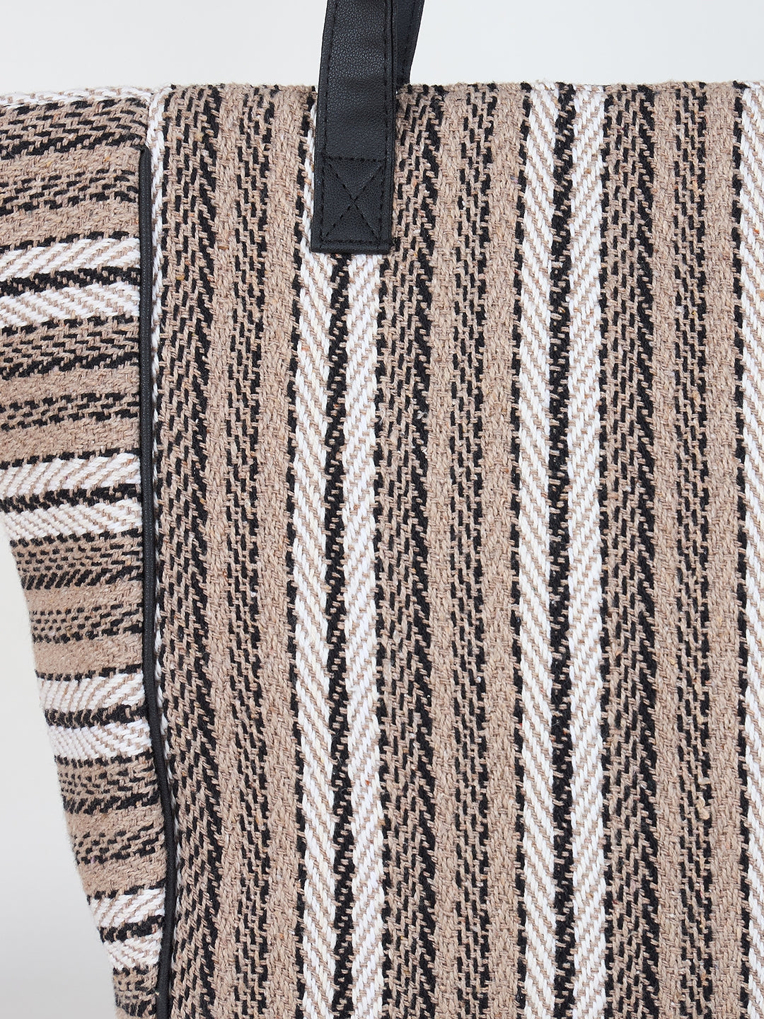 PRIMROSE Striped Canvas Tote Bag, Large Beach Shopper with Black Handles, Beige and White