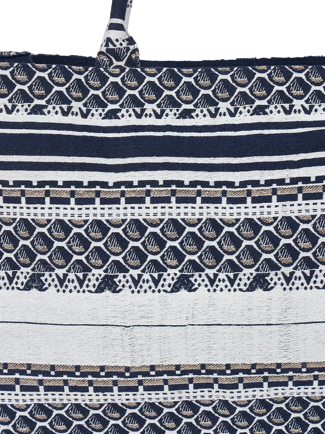 PRIMROSE Jacquard Tote Bag, Navy Blue and White Geometric Pattern, Cotton Canvas Material, Zipper Closure