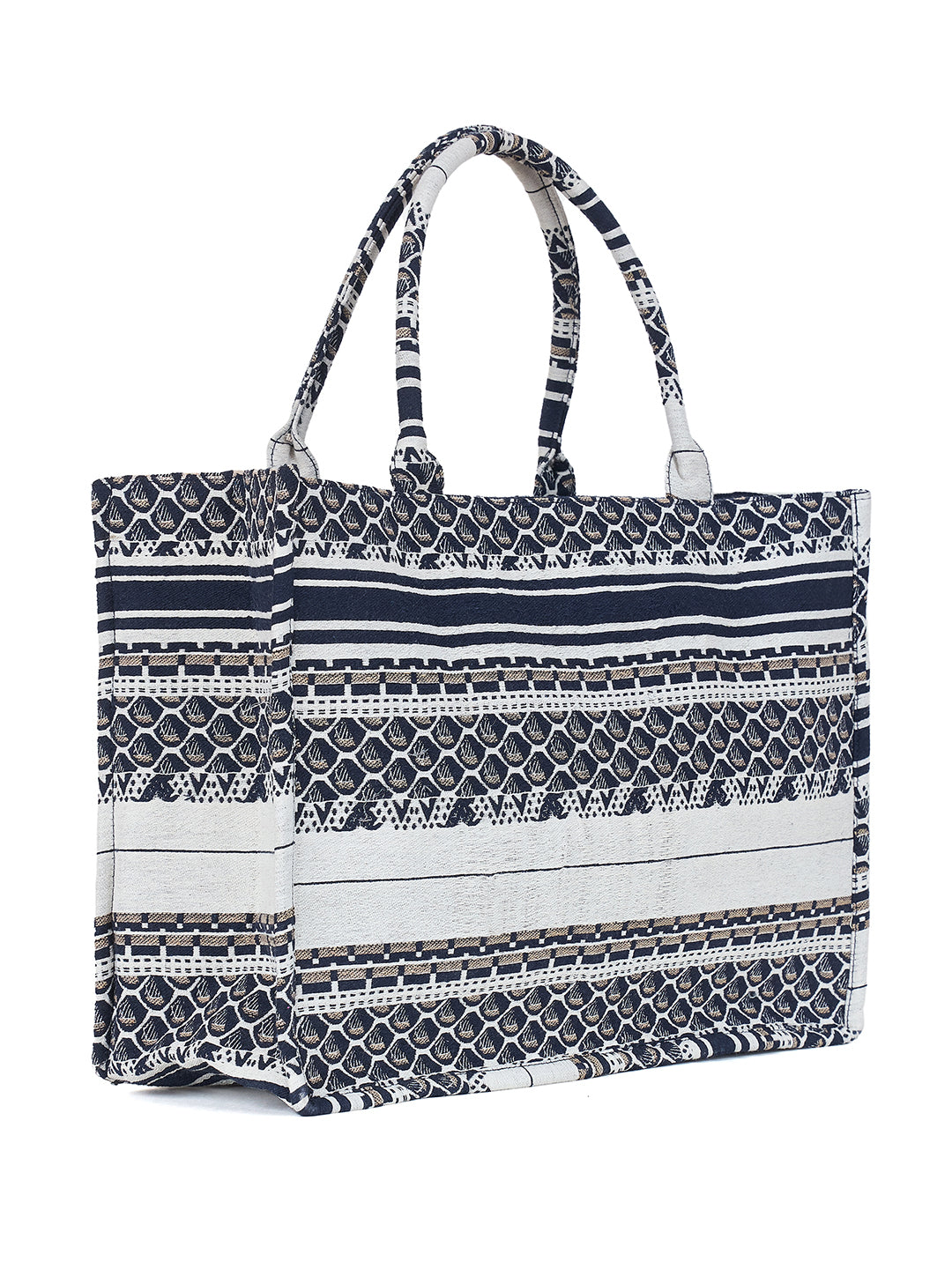 PRIMROSE Jacquard Tote Bag, Navy Blue and White Geometric Pattern, Cotton Canvas Material, Zipper Closure