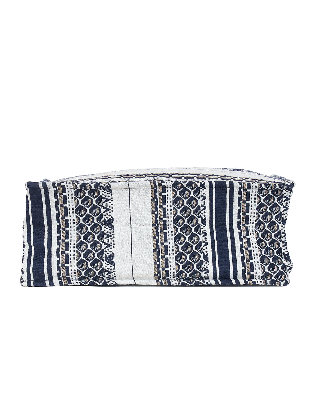 PRIMROSE Jacquard Tote Bag, Navy Blue and White Geometric Pattern, Cotton Canvas Material, Zipper Closure