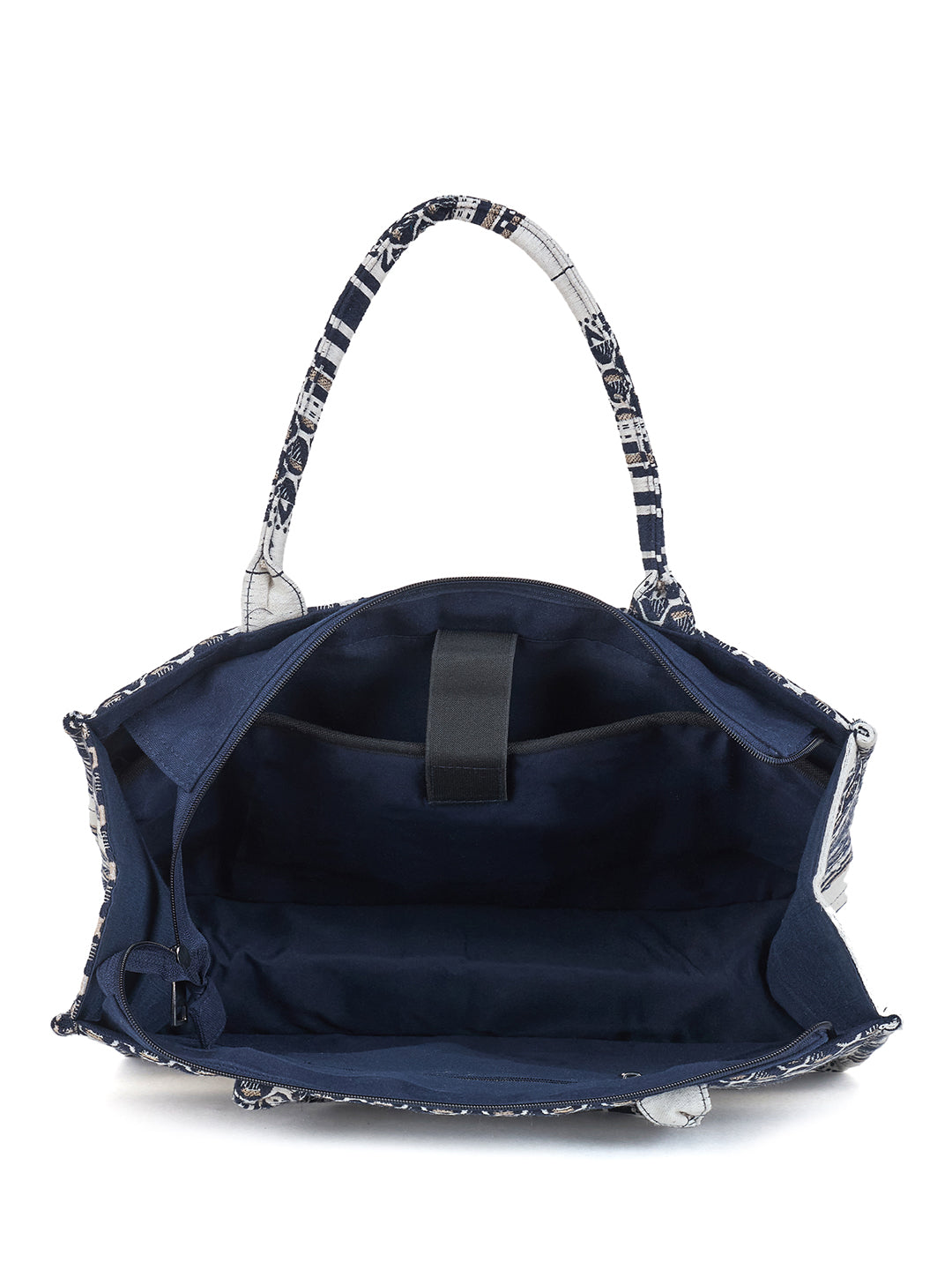 PRIMROSE Jacquard Tote Bag, Navy Blue and White Geometric Pattern, Cotton Canvas Material, Zipper Closure